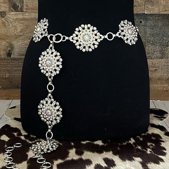 Rhinestone Concho Floral Flower Metal Link Belt Aurora Borealis AB Accents - Picture 1 of 4